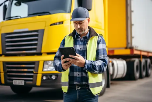Trucker in safety vest completes POD on tablet in front of yellow truck cab